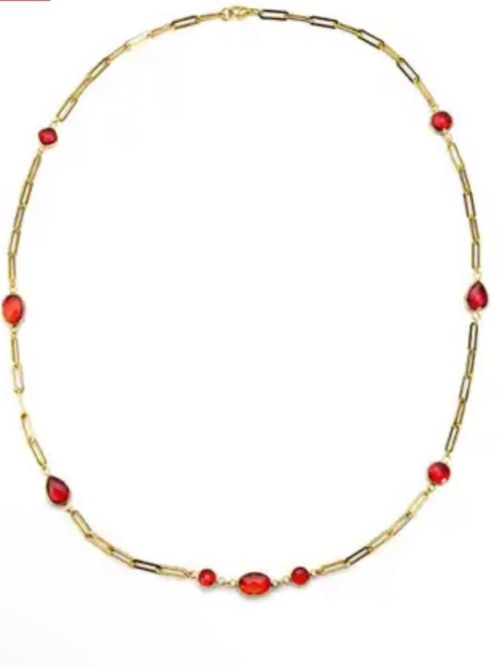 Simulated Ruby Paper Clip Chain Station Necklace ION Plated YG Stainless Steel